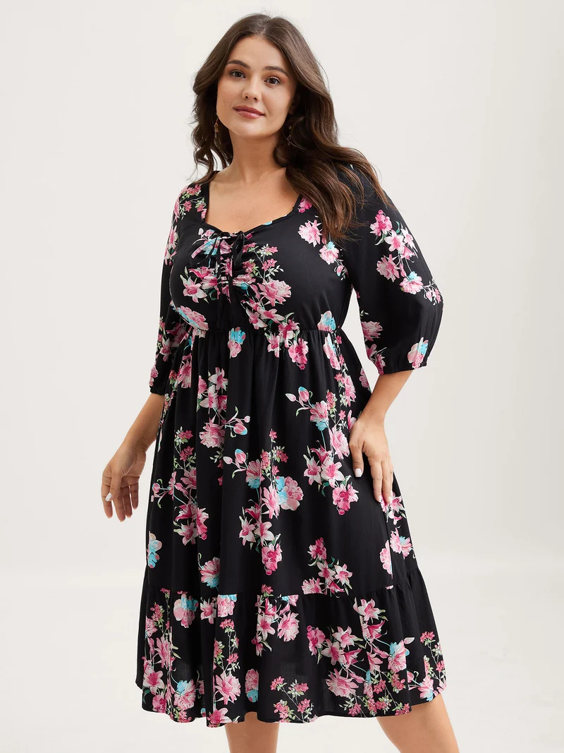Floral Adjustable Bust Drawstring Midi Dress