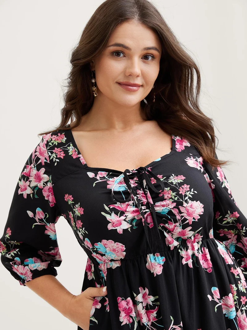 Floral Adjustable Bust Drawstring Midi Dress