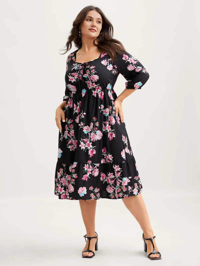 Floral Adjustable Bust Drawstring Midi Dress