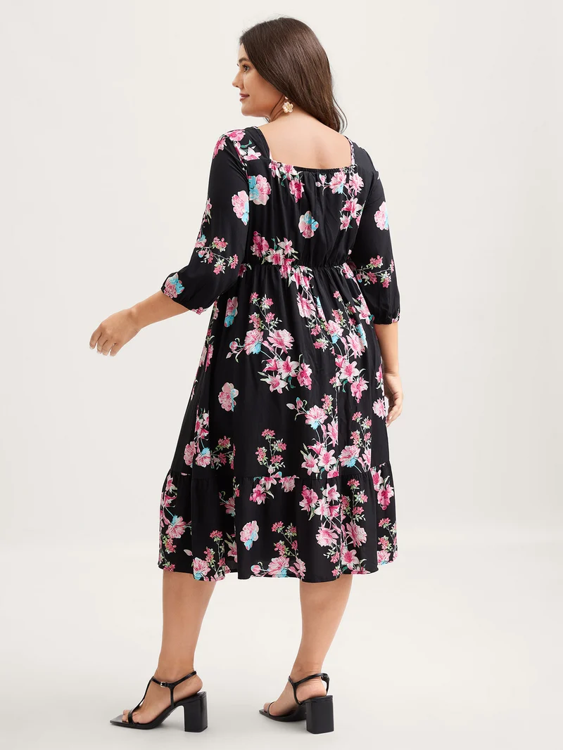 Floral Adjustable Bust Drawstring Midi Dress