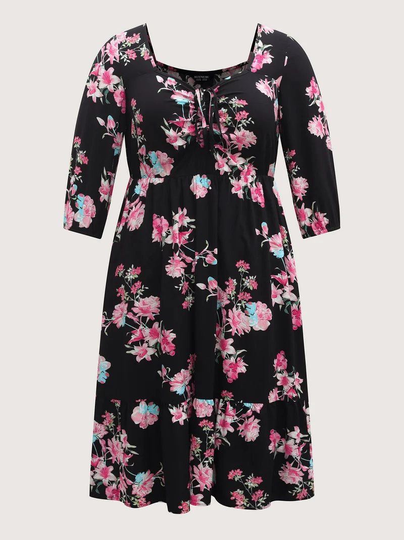 Floral Adjustable Bust Drawstring Midi Dress