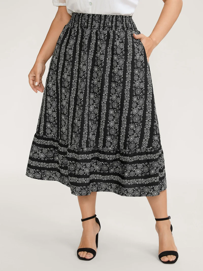 Floral Stripes Shirred Waist Maxi Skirt