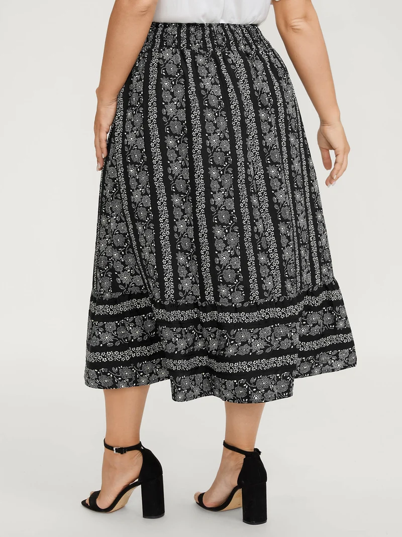 Floral Stripes Shirred Waist Maxi Skirt