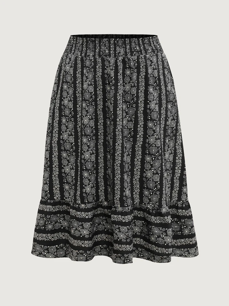 Floral Stripes Shirred Waist Maxi Skirt