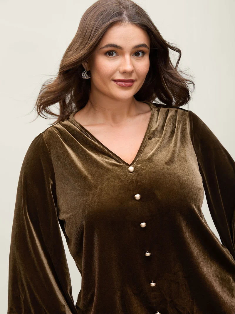Velvet Metallic Button Drapey Blouse