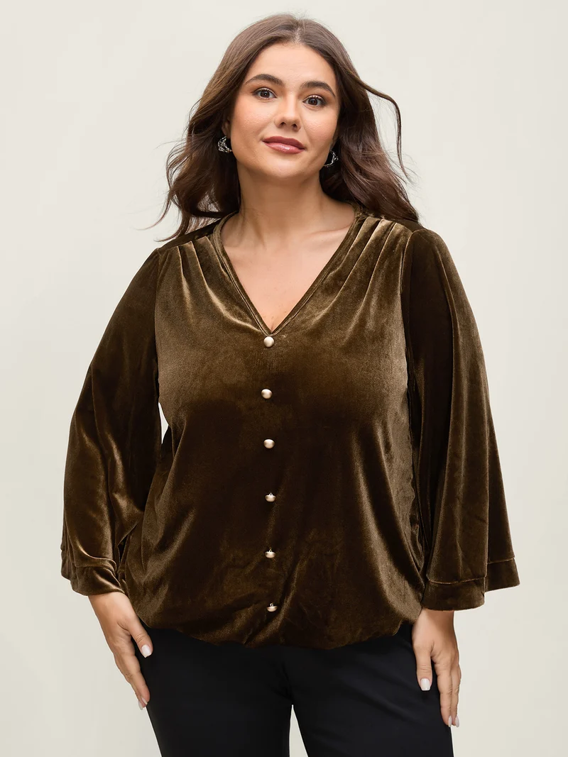 Velvet Metallic Button Drapey Blouse