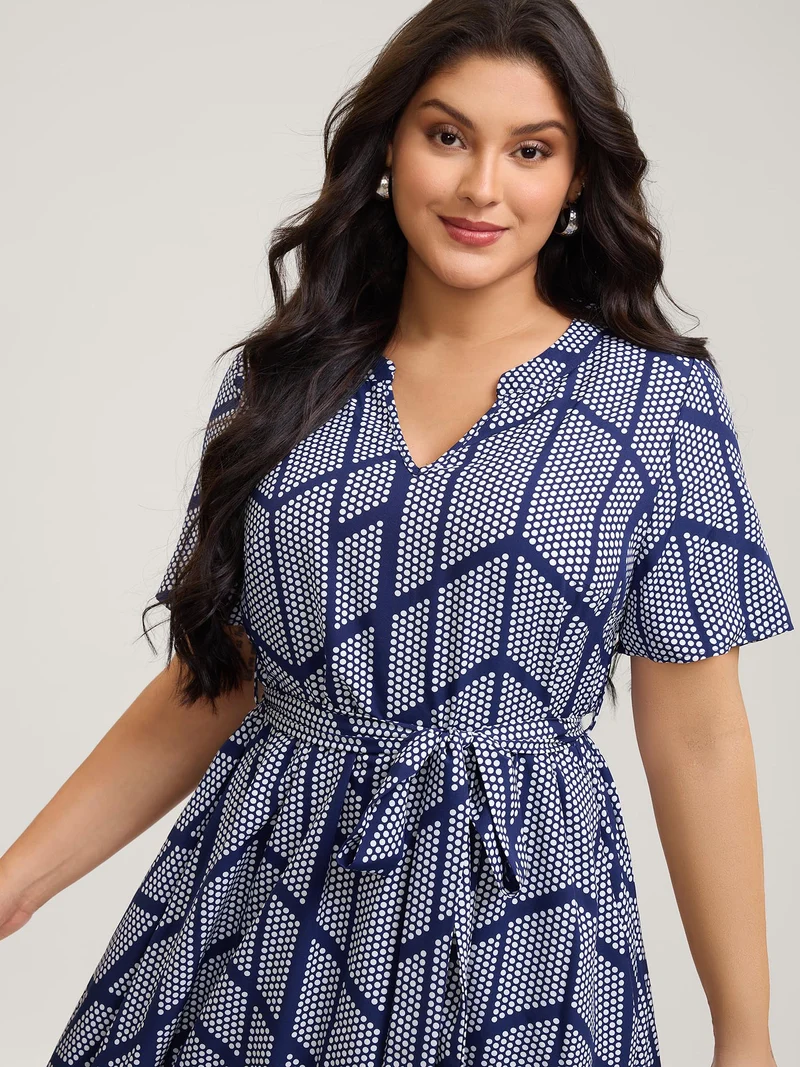 Geometrical Print Notched Collar Belted Midi Dress