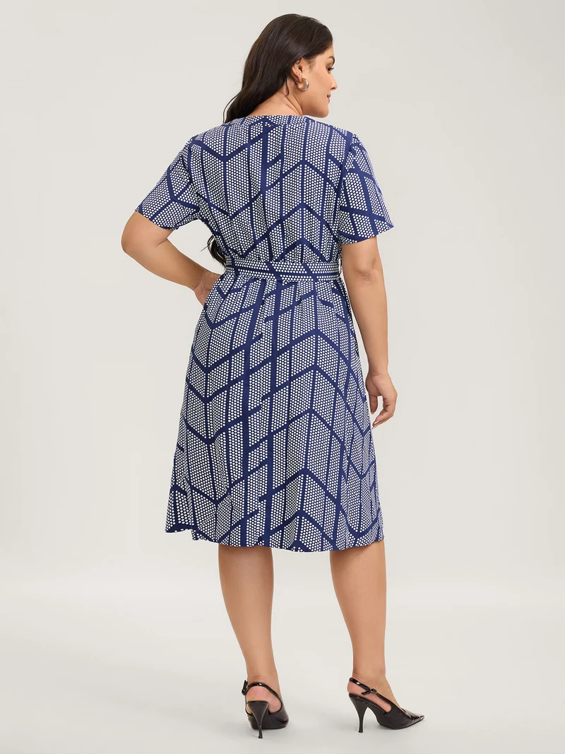 Geometrical Print Notched Collar Belted Midi Dress