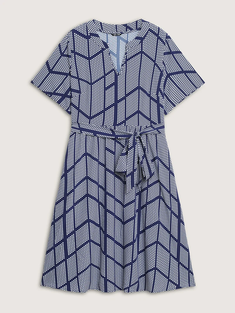 Geometrical Print Notched Collar Belted Midi Dress