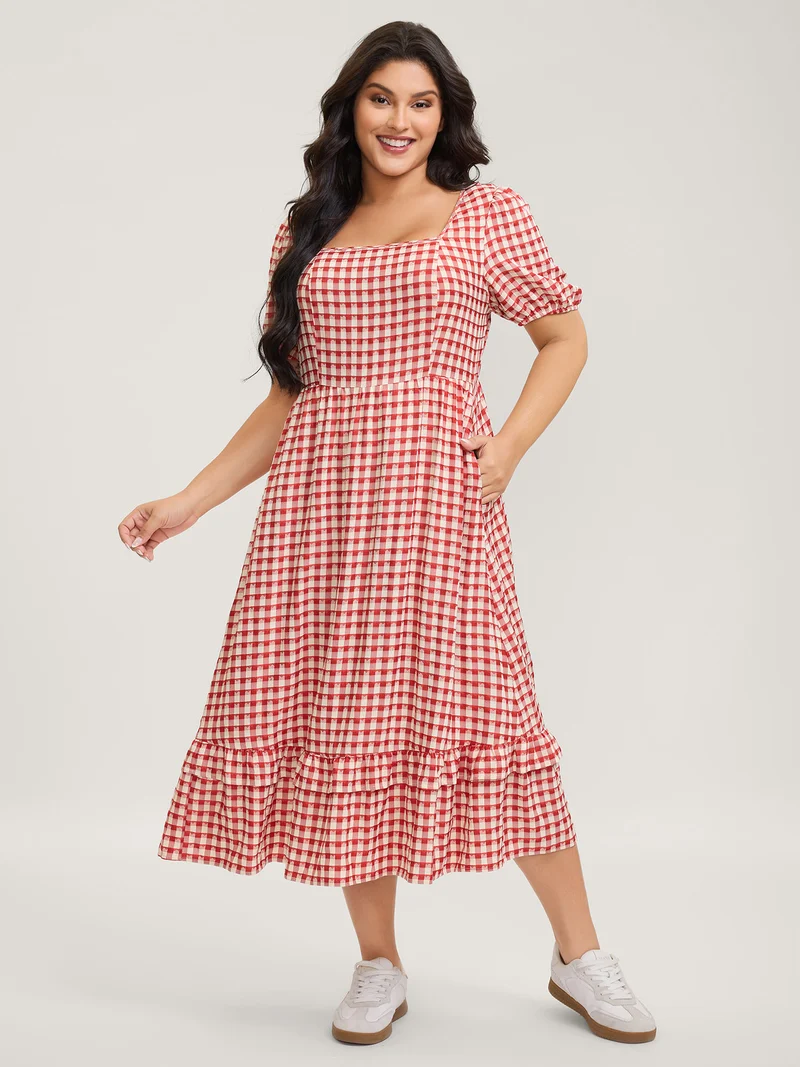 Gingham Print Textured Ruffled Hem Midi Dress