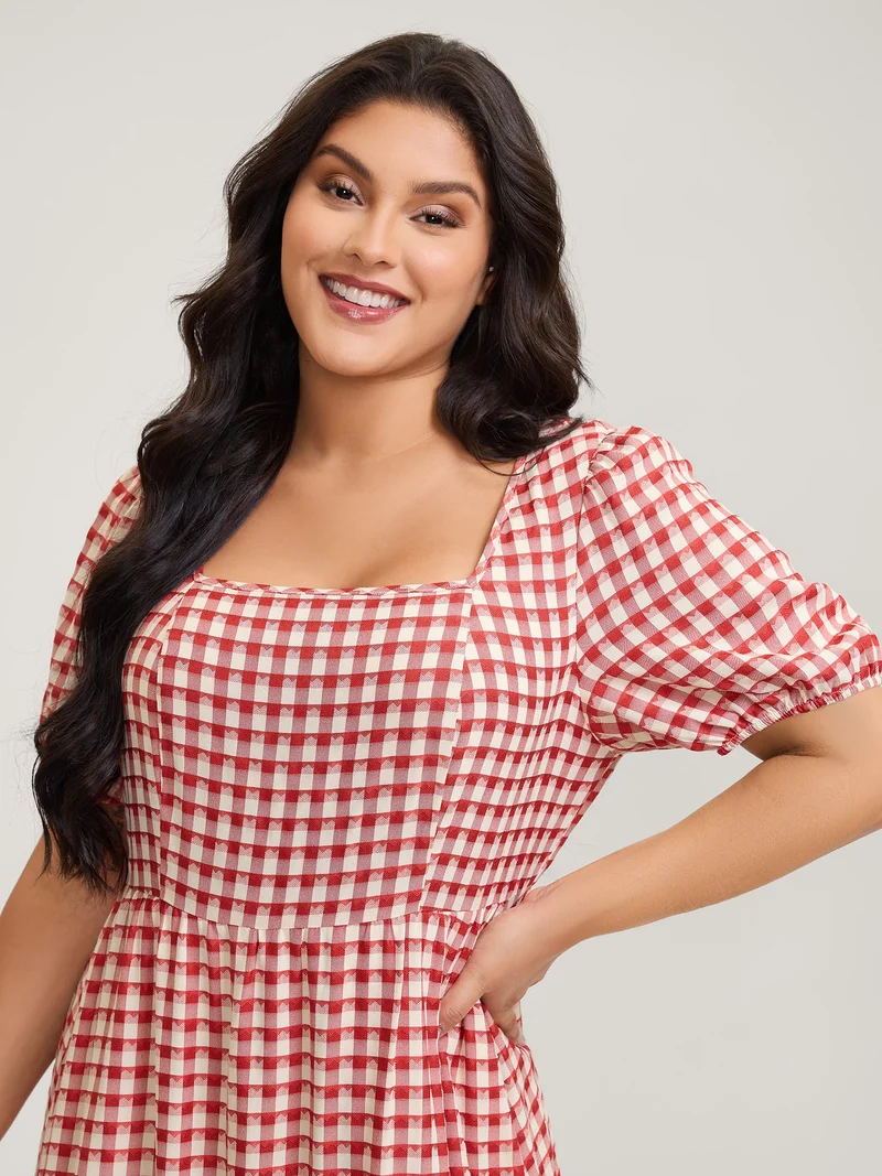 Gingham Print Textured Ruffled Hem Midi Dress