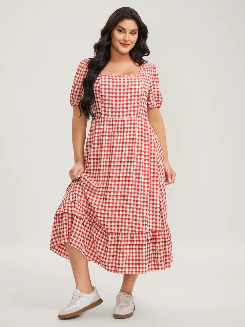 Gingham Print Textured Ruffled Hem Midi Dress