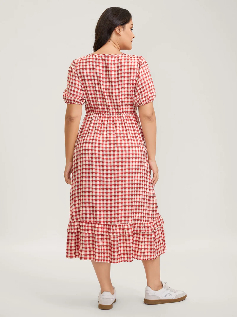 Gingham Print Textured Ruffled Hem Midi Dress