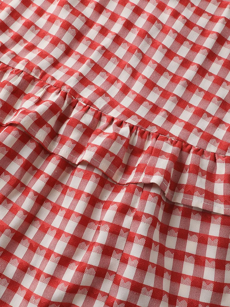 Gingham Print Textured Ruffled Hem Midi Dress