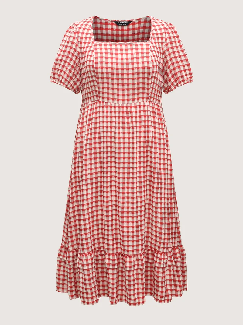 Gingham Print Textured Ruffled Hem Midi Dress