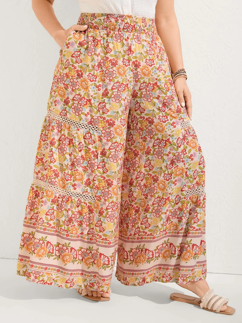 Floral Lace Trim Flowy Wide-Leg Pants