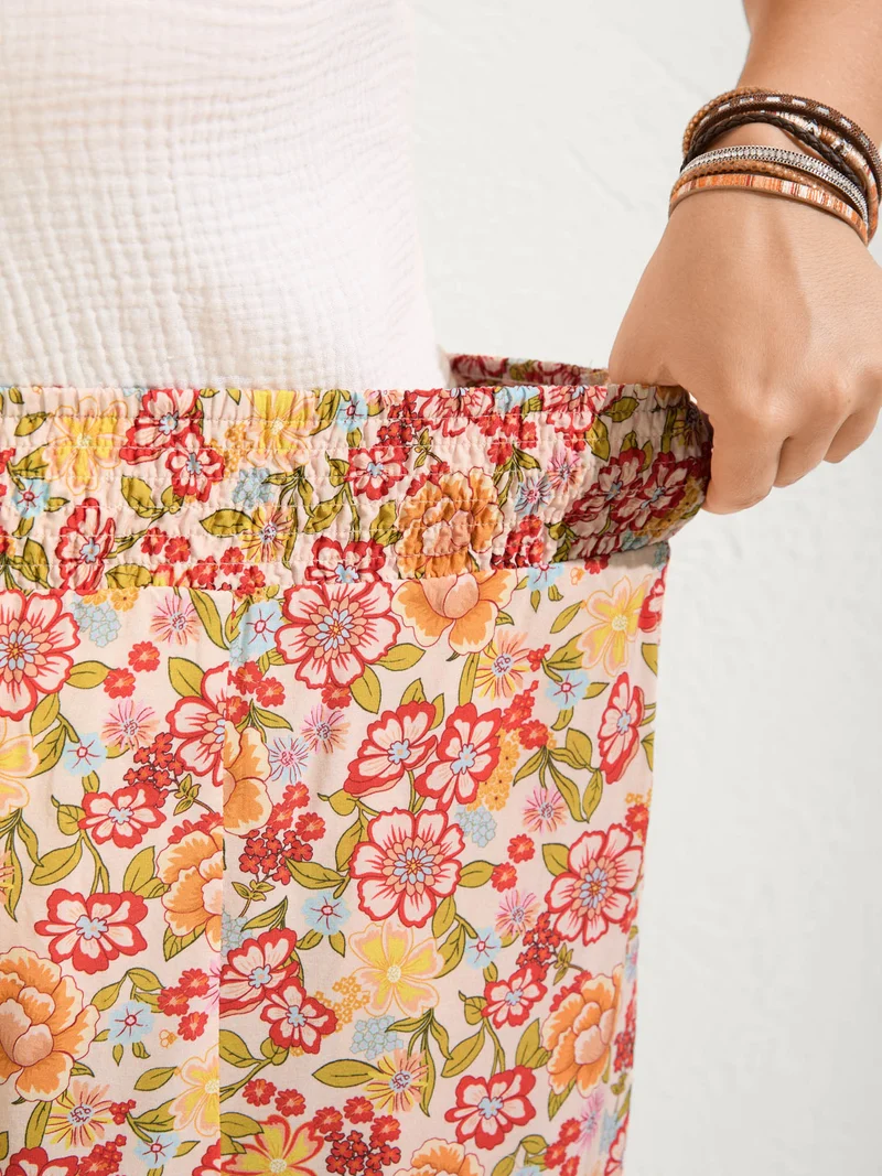 Floral Lace Trim Flowy Wide-Leg Pants