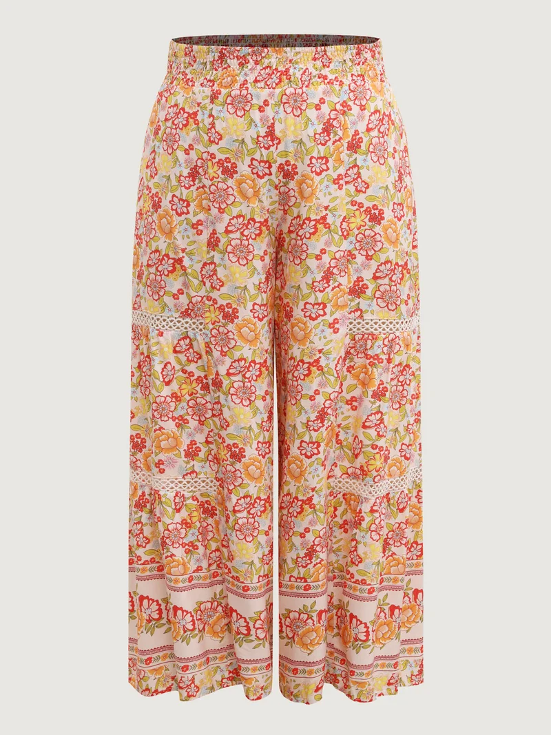 Floral Lace Trim Flowy Wide-Leg Pants