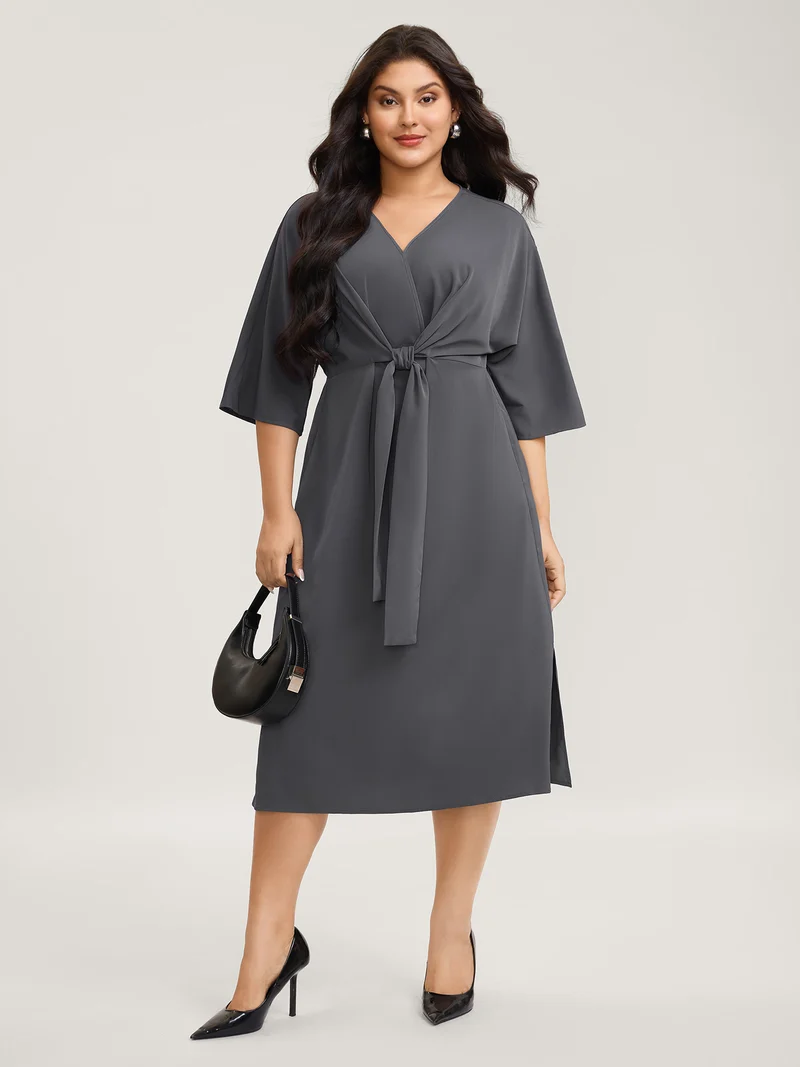 Belt Knotted-Front Waist-Cinching Midi Dress