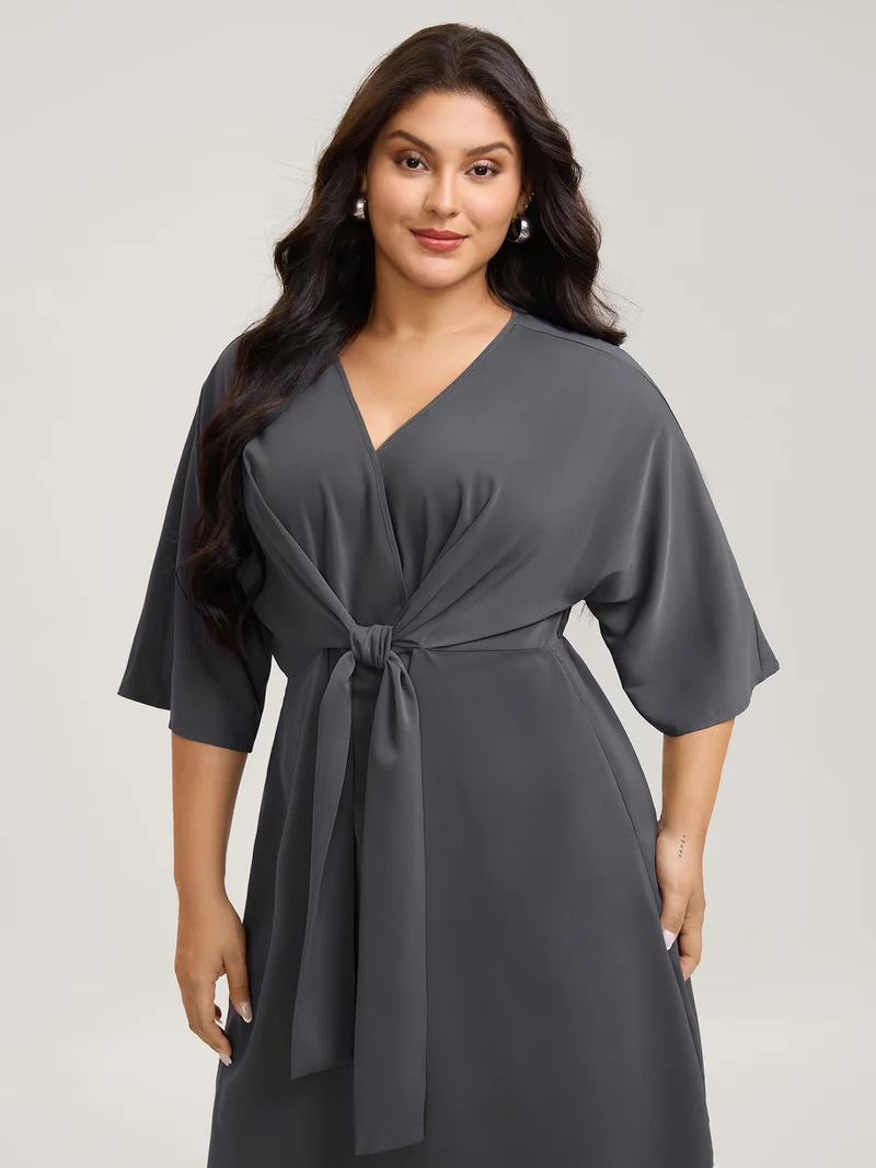 Belt Knotted-Front Waist-Cinching Midi Dress