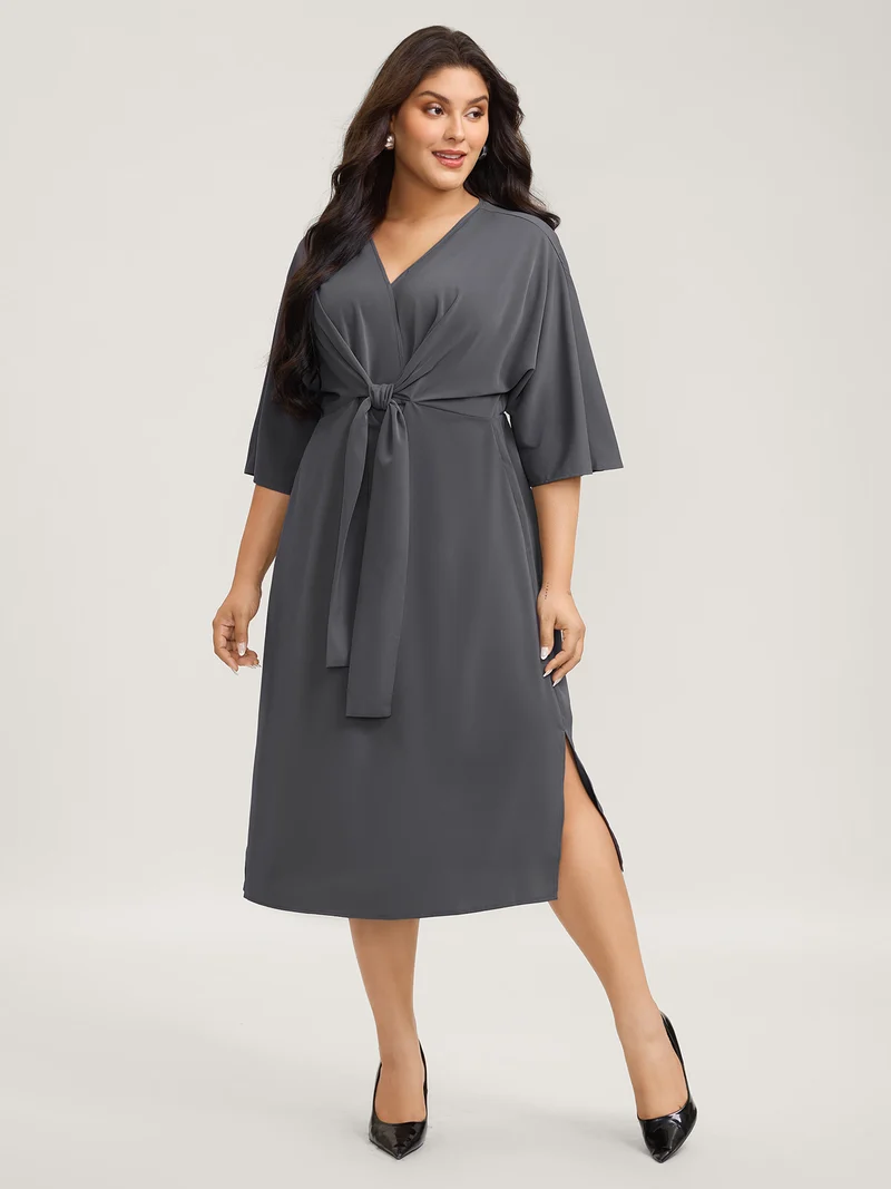 Belt Knotted-Front Waist-Cinching Midi Dress