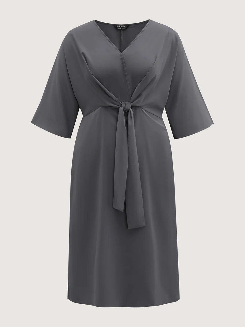 Belt Knotted-Front Waist-Cinching Midi Dress