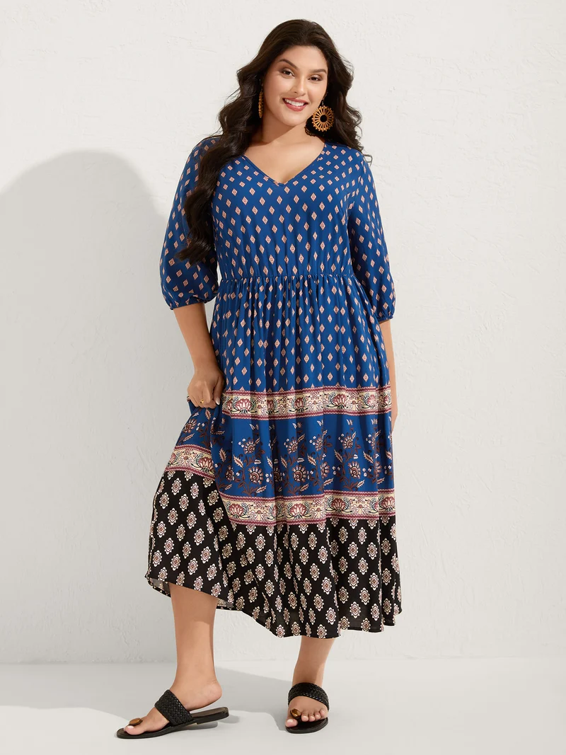 Mixed Floral Print Pockets Midi Dress