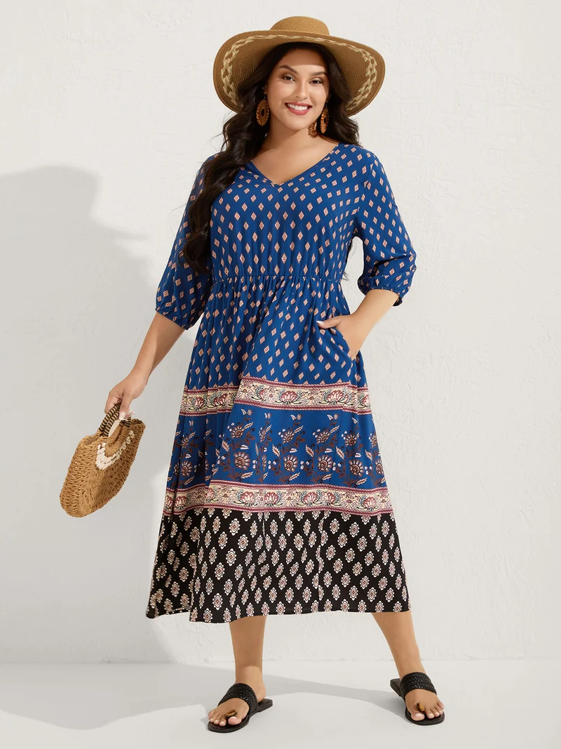 Mixed Floral Print Pockets Midi Dress