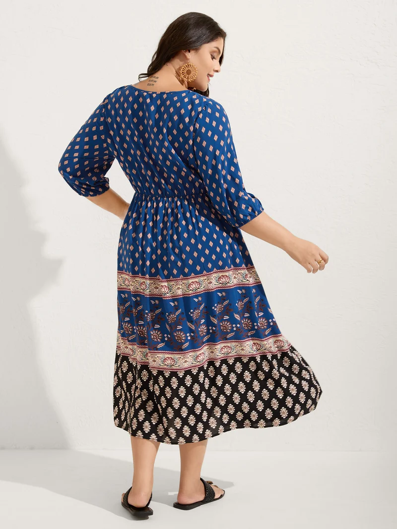 Mixed Floral Print Pockets Midi Dress