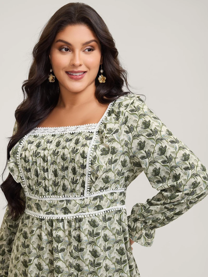 Fall Floral Print Lace Trim Midi Dress