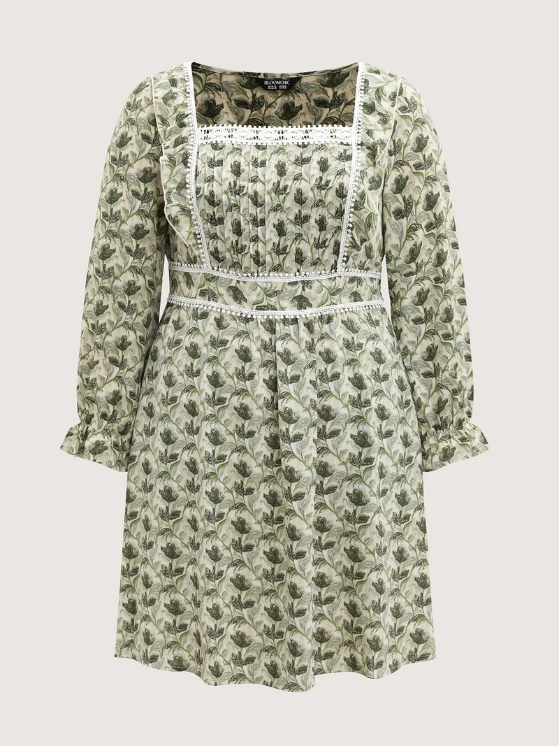 Fall Floral Print Lace Trim Midi Dress