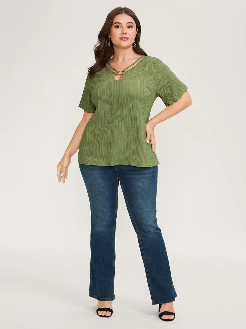 Textured Neck Cut-Out Blouse