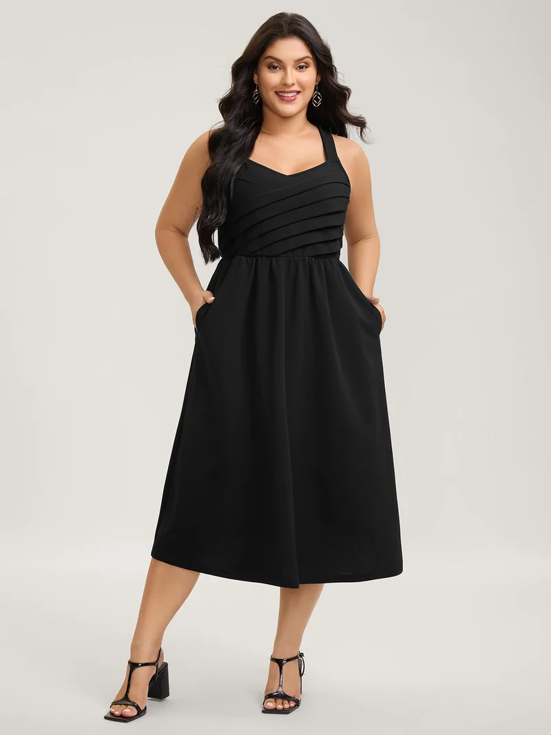 Crossover Pleated Bow-Tie Midi Dress