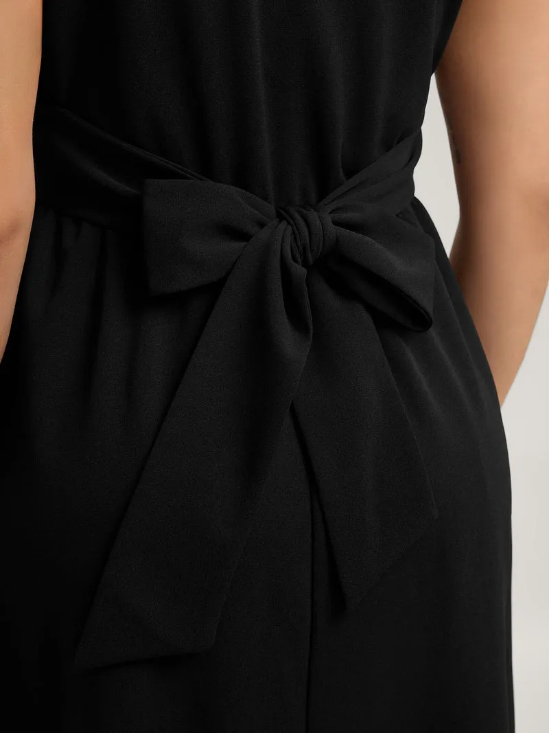 Crossover Pleated Bow-Tie Midi Dress