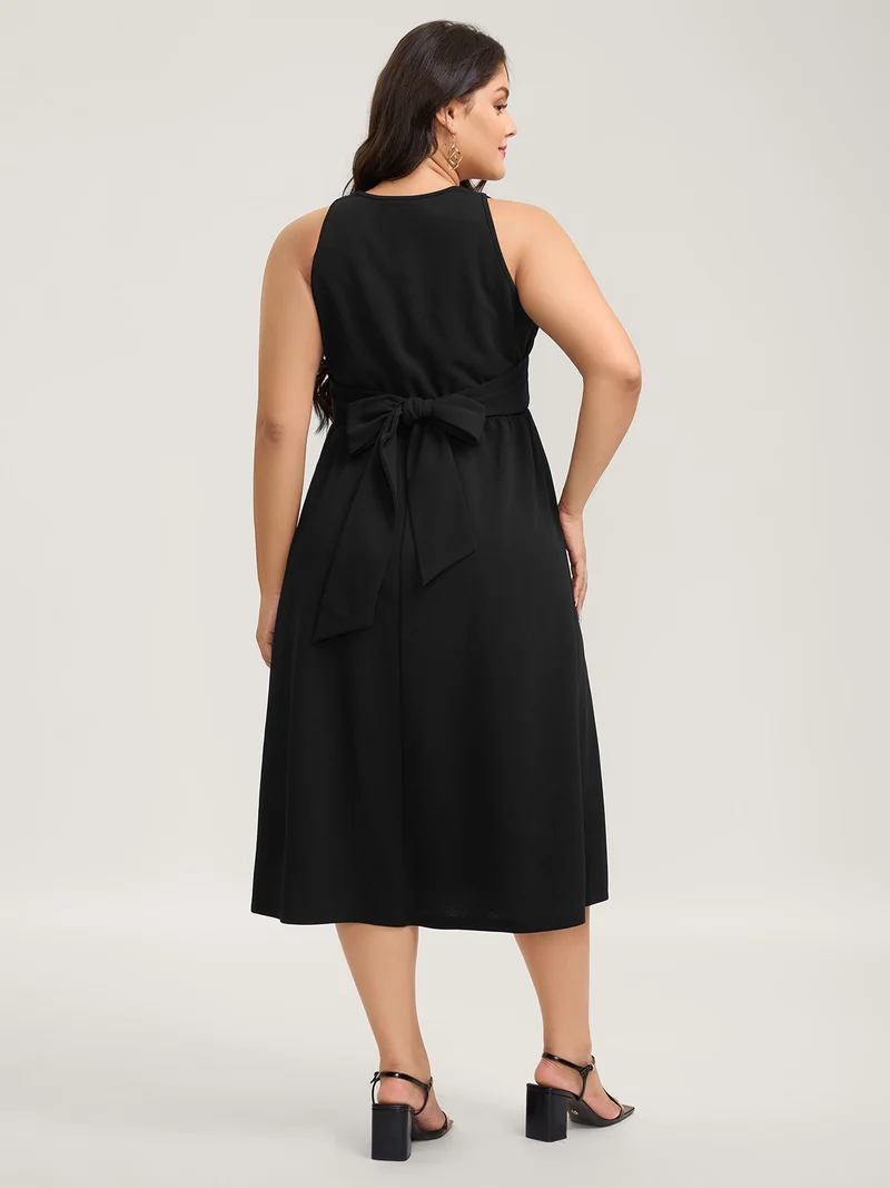 Crossover Pleated Bow-Tie Midi Dress