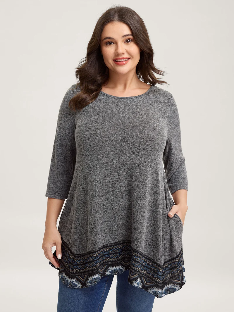 Boho Print Irregular Hem Pockets T-Shirt
