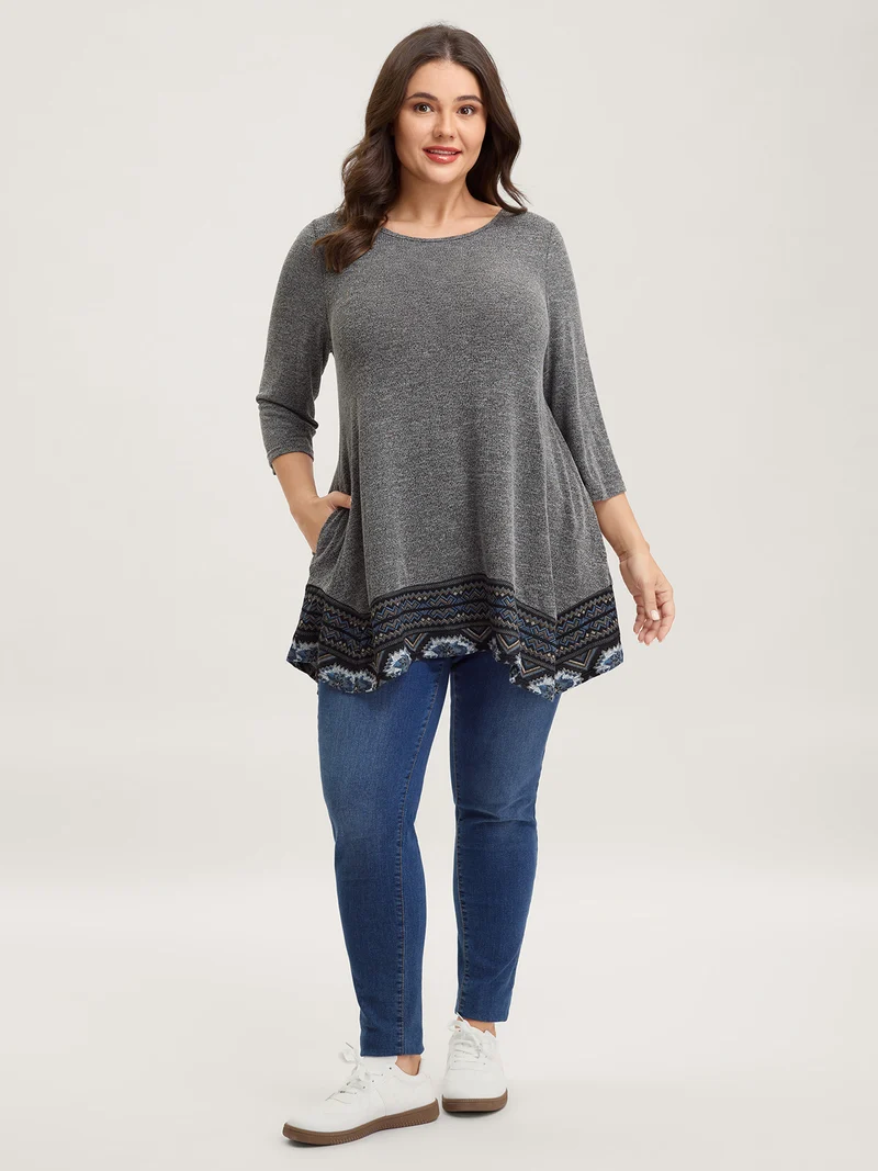 Boho Print Irregular Hem Pockets T-Shirt