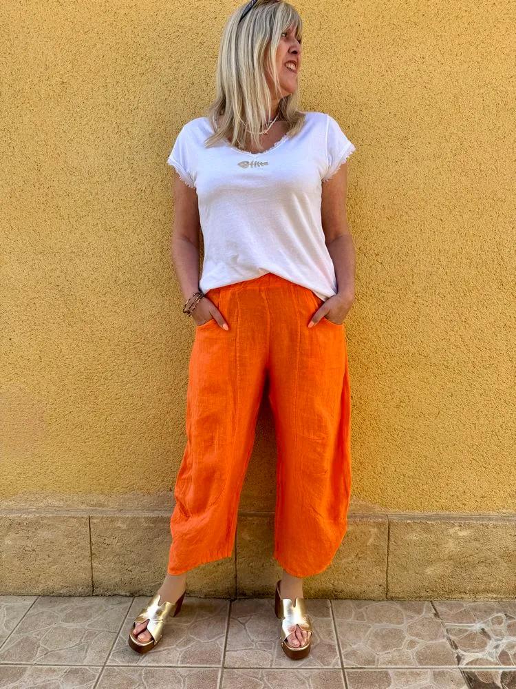 Pantalon barrel en lin Francesco orange