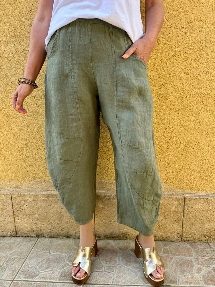 Pantalon barrel en lin Francesco kaki