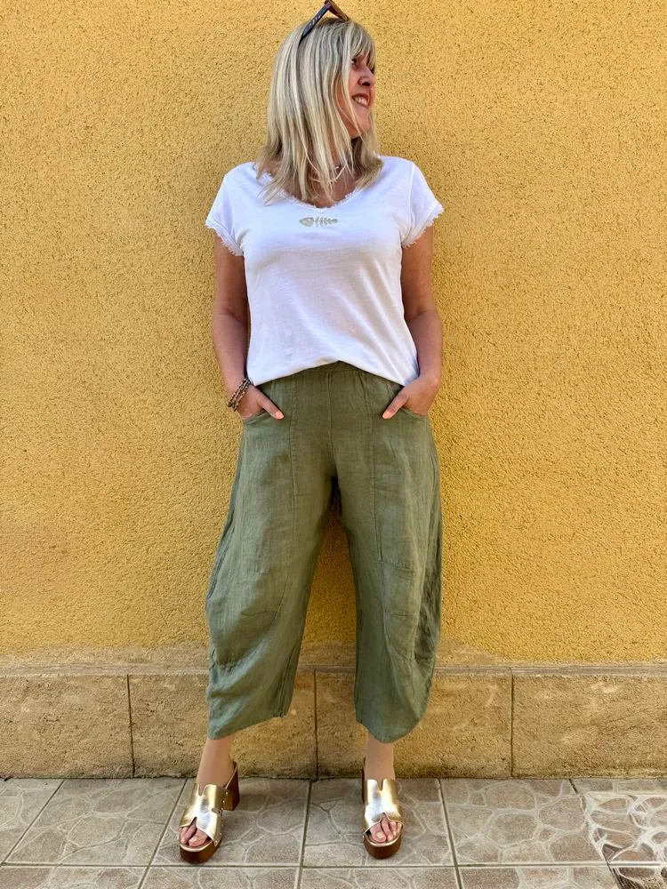 Pantalon barrel en lin Francesco kaki