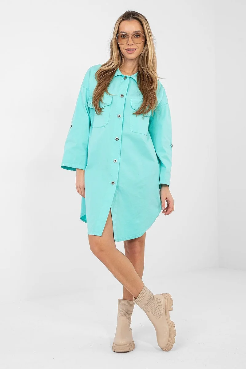 Robe chemise bleu turquoise manches longues