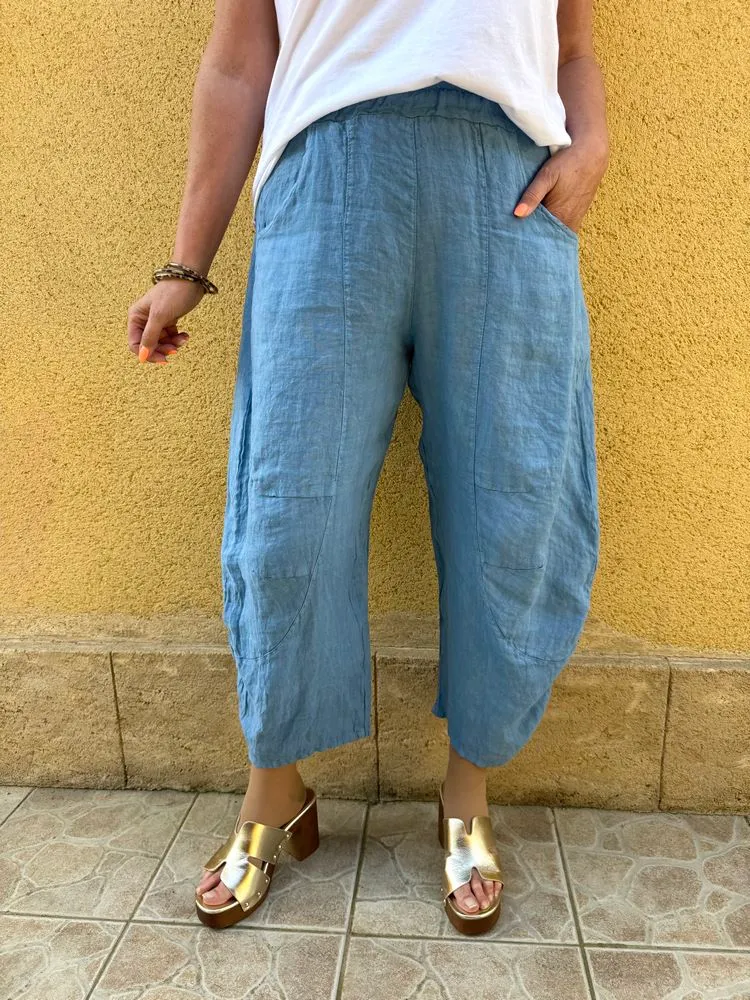 Pantalon barrel en lin Francesco bleu jean