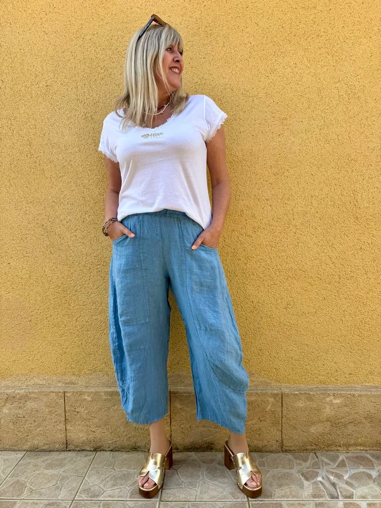 Pantalon barrel en lin Francesco bleu jean