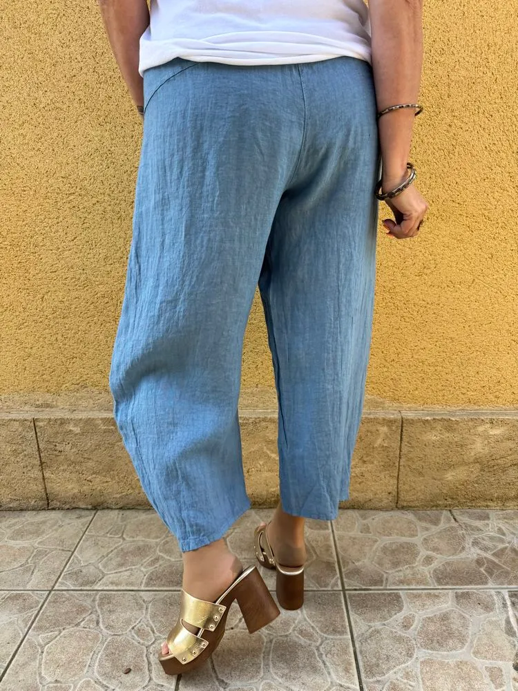 Pantalon barrel en lin Francesco bleu jean