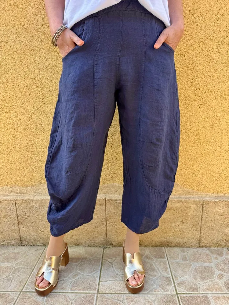 Pantalon barrel en lin Francesco bleu marine
