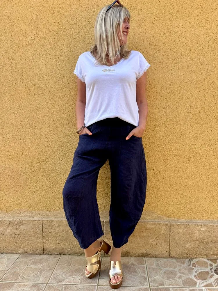 Pantalon barrel en lin Francesco bleu marine
