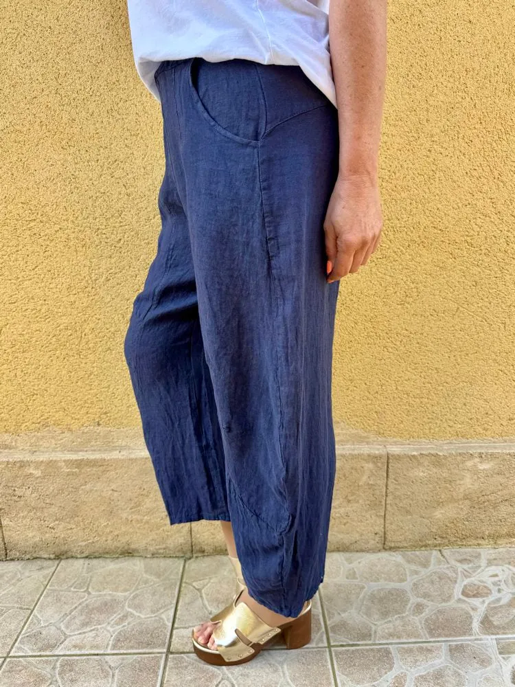 Pantalon barrel en lin Francesco bleu marine