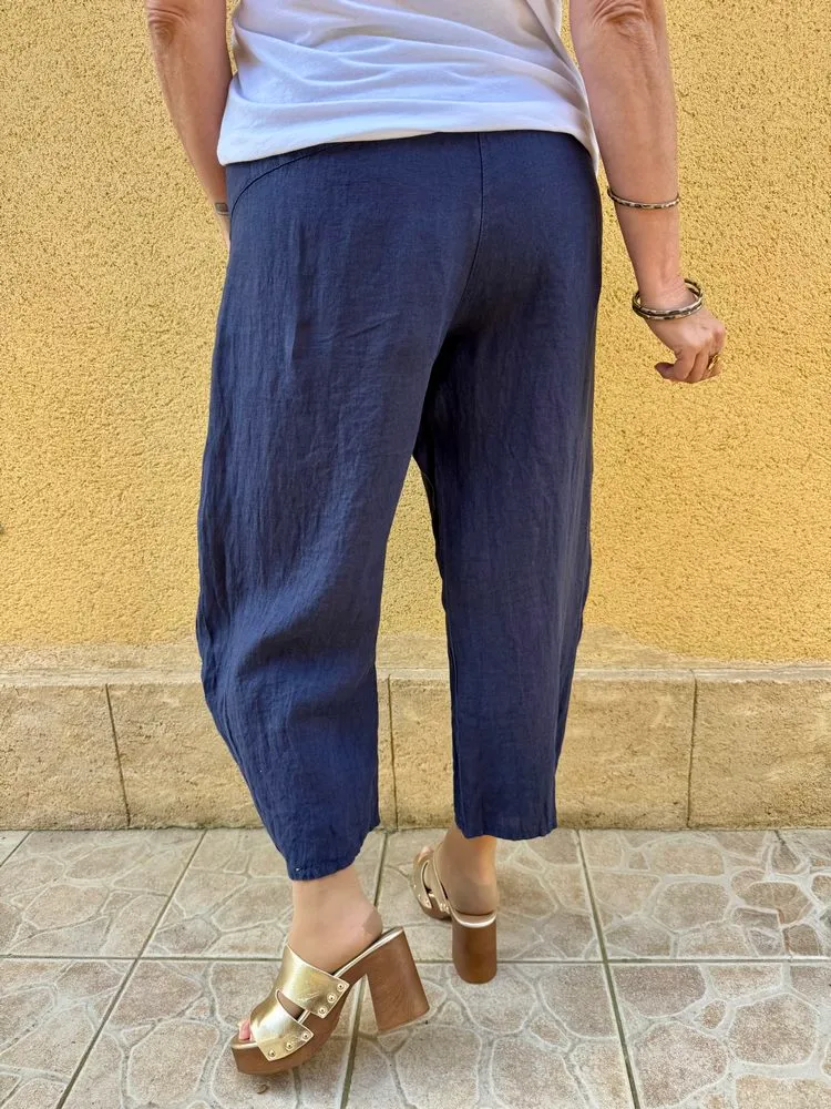 Pantalon barrel en lin Francesco bleu marine
