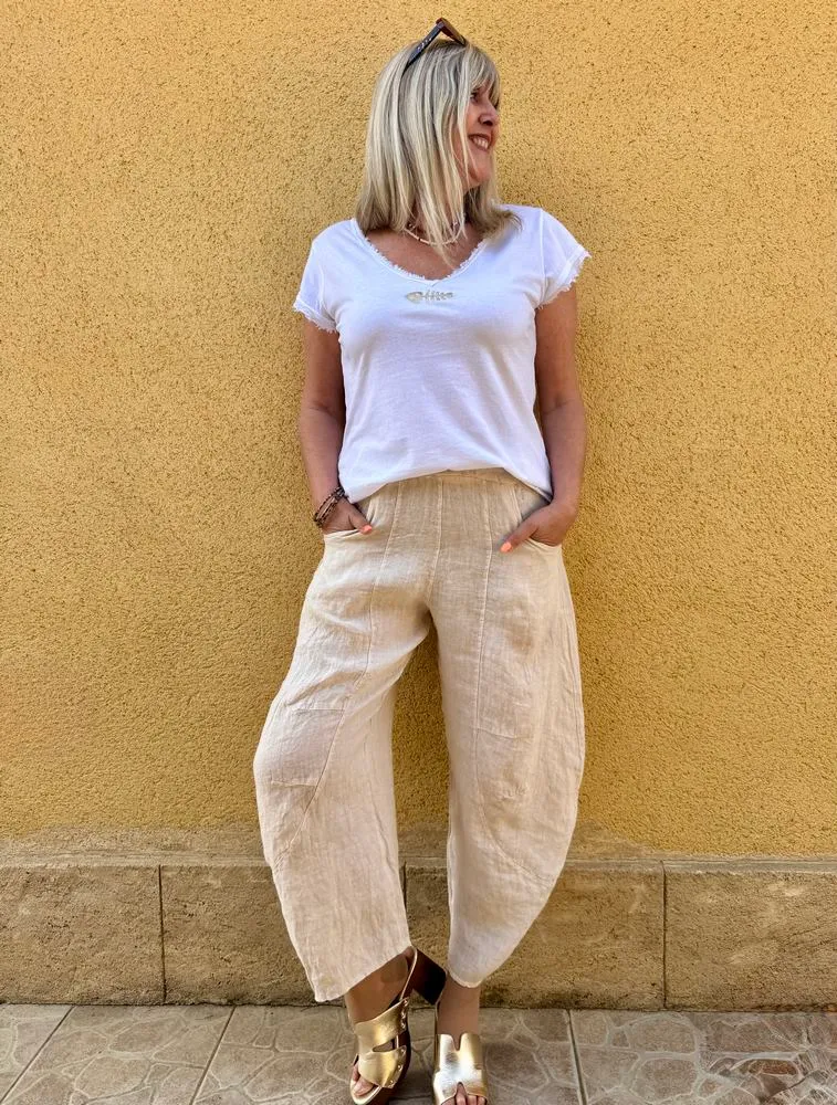 Pantalon barrel en lin Francesco beige