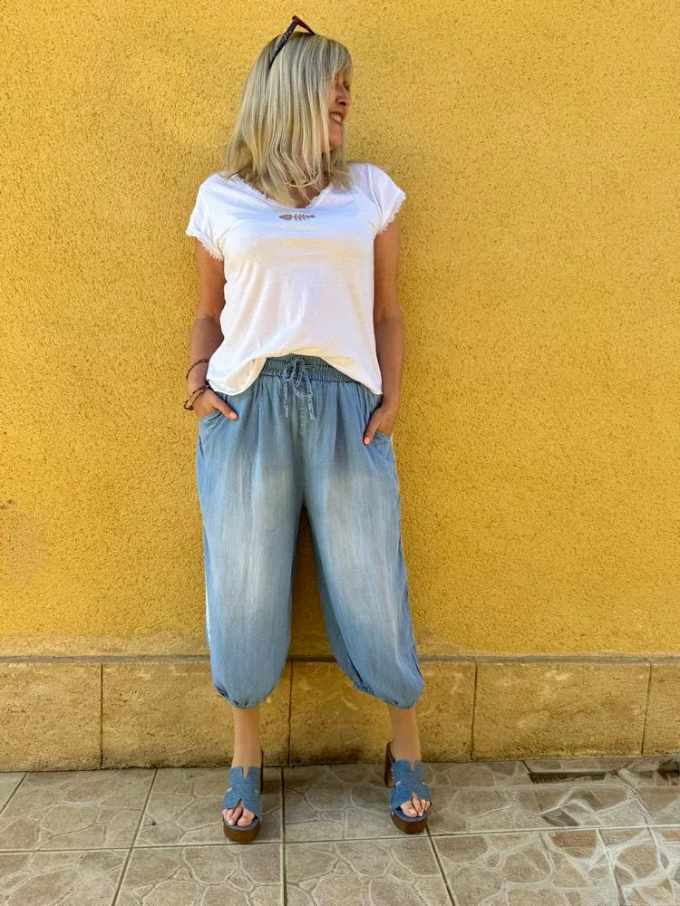 Pantalon fluide jean et dentelle Alexandro